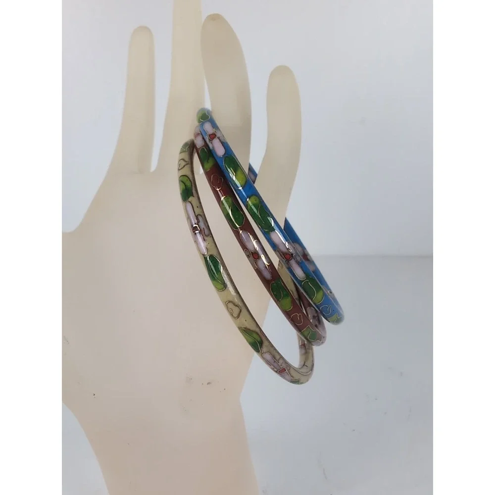 Cloisonné Bangles Bracelet Set of 3 Floral Metal Enamel Jewelry Vintage Retro